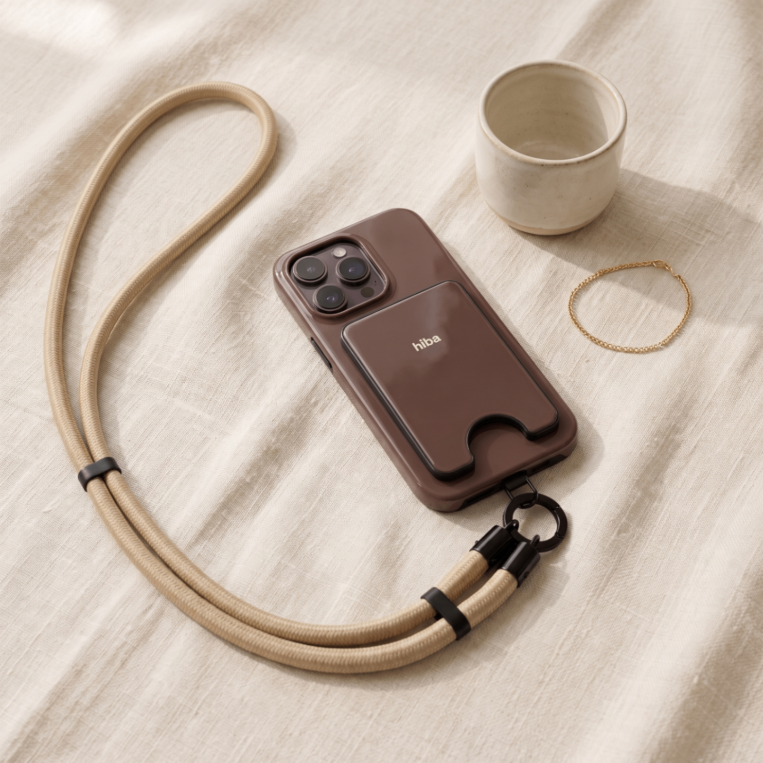 the cocoa set — case, cardholder and strap on cream linen