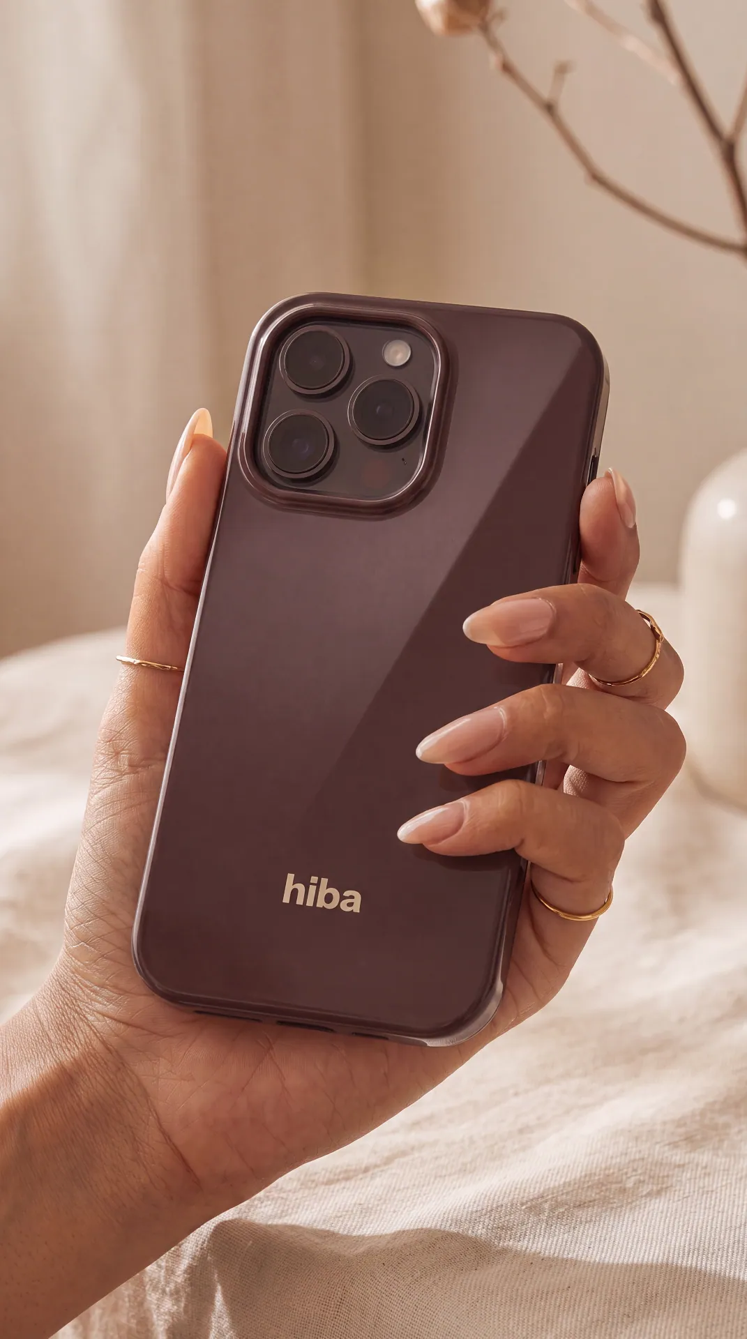A feminine hand cradles the glossy Cocoa HIBA case in warm daylight