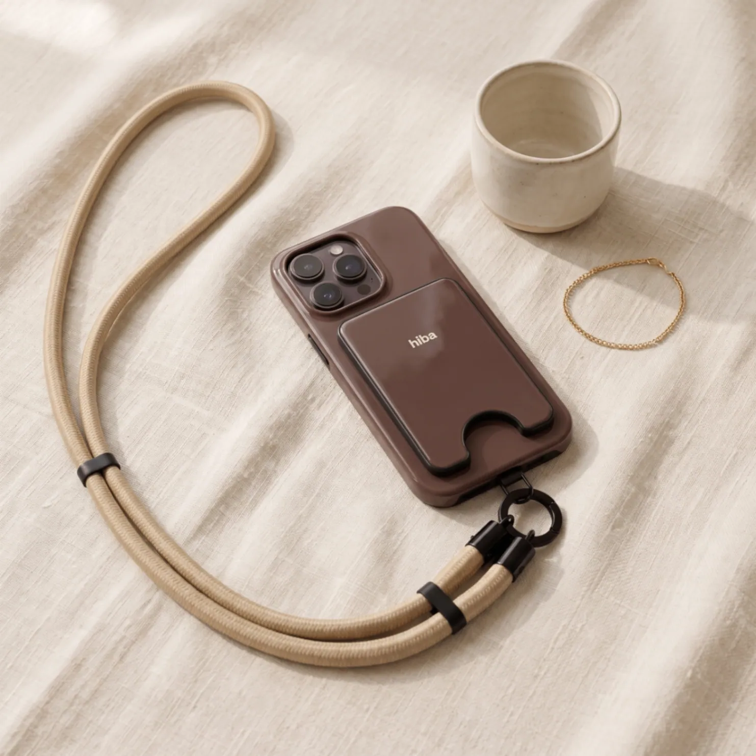 the cocoa set — case, cardholder and strap on cream linen