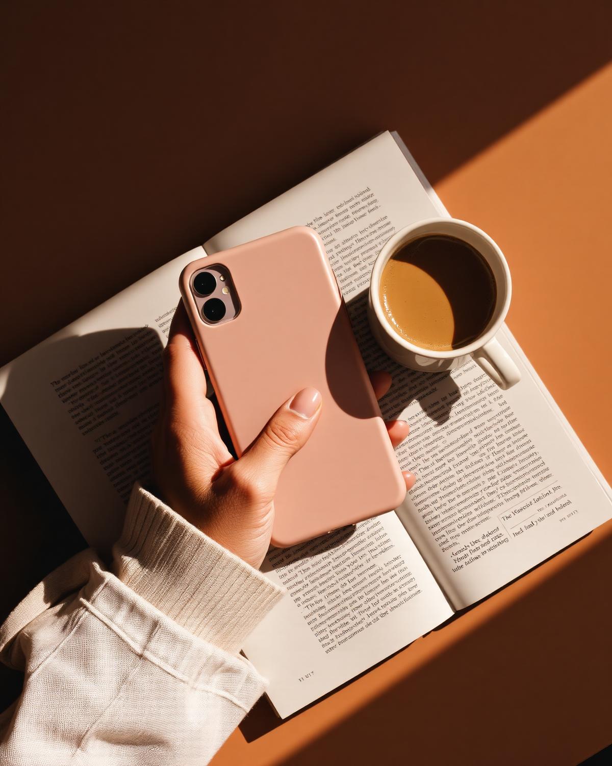 A blush case on an open book